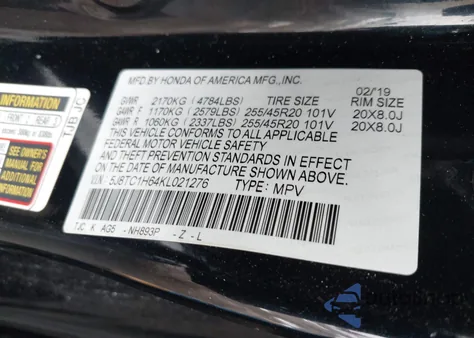 2019 Acura Rdx A-Spec Package z USA, uszkodzony, nr VIN 5J8TC1H64KL021276